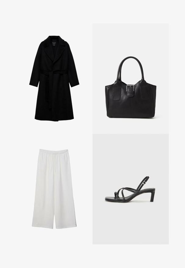 Čierny kabát z vlnenej zmesi s rozparkovým golierom, dlhými rukávmi a zladeným opaskom v páse. Obsahuje minimalistický dizajn a hladkú textúru.; Biela krátkopsová tričko vyrobené z bavlny. Má okrúhly výstrih a voľný strih. Hladká textúra bez viditeľných vzorov alebo akcentov.; Biele široké nohavice z ľahkého materiálu s elastickým pásom a šnúrkou na nastavenie veľkosti. Hladká textúra.; Čierne sandále na vysokom podpätku so štvorcovou špičkou a nízkym blokovým podpätkom. Obsahujú viacero tenkých popruhov a nastaviteľný členkový popruh. Vyrobené z hladkej kože.; Čierna kožená taška s hladkou textúrou, štruktúrovaným tvarom, dvoma uchami a výrazným strieborným prackovým detailom na prednej strane.