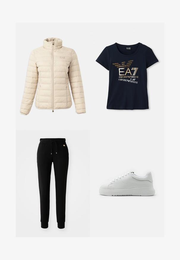 Beige quiltet puffjakke med høy krave, lange ermer, glidelås foran, sidelommer og EA7 Emporio Armani-logo på brystet.; Mørkeblå t-skjorte med kort erm laget av bomull, med et metallisk gull grafisk logo med tekst og stiliserte ørnevinge-accents.; Sorte tapered joggebukser med snøring i livet og mansjetter ved anklene, vist på en enkel hvit bakgrunn.; Hvite joggesko med en strukturert skinnoverdel, rund tå og snøring. Tykkt hvitt gummisåle med gripestruktur.
