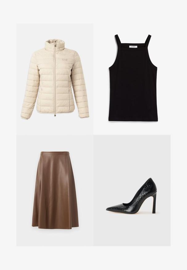 Μπεζ επενδεδυμένο μπουφάν με ψηλό γιακά, μακριά μανίκια, μπροστινό φερμουάρ, πλευρικές τσέπες και λογότυπο EA7 Emporio Armani στο στήθος.; Μαύρο αμάνικο τοπ με λεπτές τιράντες, φτιαγμένο από ριγωτό ύφασμα, με ευθεία γραμμή και ετικέτα στον λαιμό που αναγράφει "IVY OAK."; Καφέ δερμάτινη φούστα σε γραμμή Α με λεία υφή και μεσαίο μήκος. Διαθέτει στενή μέση και ελαφριά κλίση από τους γοφούς.; Μαύρο ψηλοτάκουνο παπούτσι με αιχμηρή μύτη και υφή από δέρμα κροκοδείλου, με κομψό σχέδιο, υψηλό τακούνι στιλέτο και λείο μαύρο εσωτερικό.