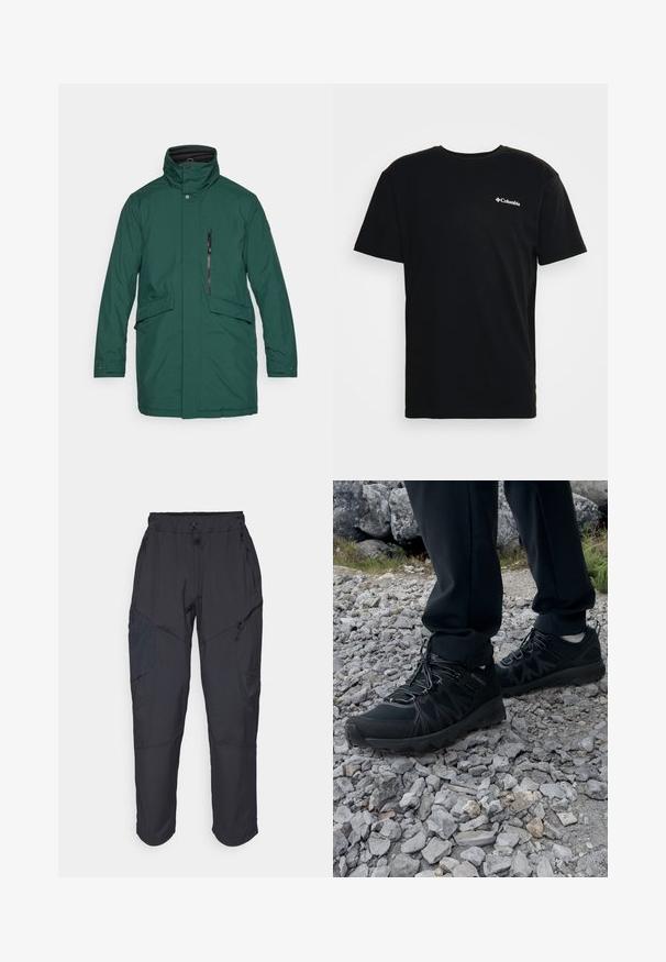 Zelená voděodolná parka s vysokým límcem, předním zaklapávacím uzávěrem, zipovou kapsou, dvěma postranními kapsami a rovný střih. Hladká tkanina bez vzorů.; Černé bavlněné tričko s krátkým rukávem a kulatým výstřihem. Na levé straně hrudi se nachází malé bílé logo Columbia. Měkká textura.; Černé cargo kalhoty vyrobené z lehkého, voděodolného materiálu; mají elastický pas, několik kapes na zip a zúžené nohavice.; Černé venkovní boty z prodyšného a syntetického materiálu, s texturovaným svrškem, bezpečným šněrovacím systémem a robustní podrážkou, na skalnatém terénu.