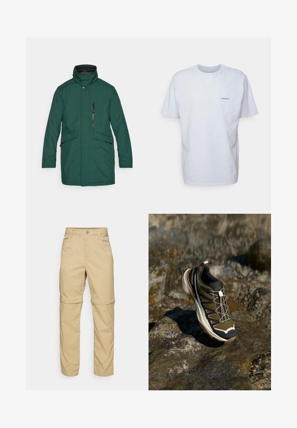 Roheline veekindel parka kõrge kaelusega, ees nupuga sulgemine, lukuga taskud, kaks küljetaskut ja sirge lõikega. Sile kangas, ilma mustriteta.; Valge puuvillane t-särk lühikeste varrukatega, ümar kaelus ja vasakpoolne rinnatasku koos sinise "Patagonia" logoga. Klassikaline lõige, sileda tekstuuriga.; Beezhides zip-off püksid sujuva tekstuuriga, kus on kaks küljetaskut, nööbiga sulgu ja mugavust lisavad keeratavad varrukad.; Olive rohelised ja mustad matkasaapad roosade aktsentidega. Omab tekstuurset ülemist osa, painduvaid põhi, tugevdatud varbakaitset ja värvilist paeltesüsteemi.