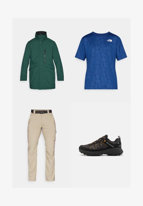 Zöld vízálló parka magas gallérral, elülső patentos záródással, cipzáras zsebbel, két oldalsó zsebbel és egyenes fazonnal. Simább anyag, minta nélkül.; Kék, rövid ujjú ing, textúrált geometrikus mintával és fehér logóval a bal felső részen. Könnyű, lélegző anyagból készült.; Beige cargo nadrág több zsebbel, fekete állítható övvel és egyenes lábformával. Könnyű, tartós anyagból készült.; Fekete túracipő hálós felső résszel, sárga részletekkel, vastag gumitalppal és texturált kidolgozással. Erősített orr- és fűzőrész jellemzi.