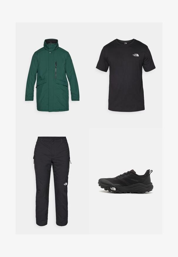 Zaļa ūdensizturīga parka ar augstu apkakli, priekšējo aizdari ar spiedpogām, rāvējslēdzēja kabatu, divām sānu kabatām un taisnu griezumu. Gluda auduma virsma bez rakstiem.; Melna īsām piedurknēm T-krekls, kas izgatavots no kokvilnas, ar apaļu dekoltē un nelielu baltu logotipu augšējā kreisajā krūtīs.; The North Face WINTER EXPLORATION TAPERED CARGO - Āra bikses - black; Melnas taku skriešanas kurpes ar teksturētu virsu, gumijas zoli un pastiprinātu pirkstu daļu. Aprīkotas ar mīkstu apkakli un vilkšanas cilpu, lai viegli uzvilktu.
