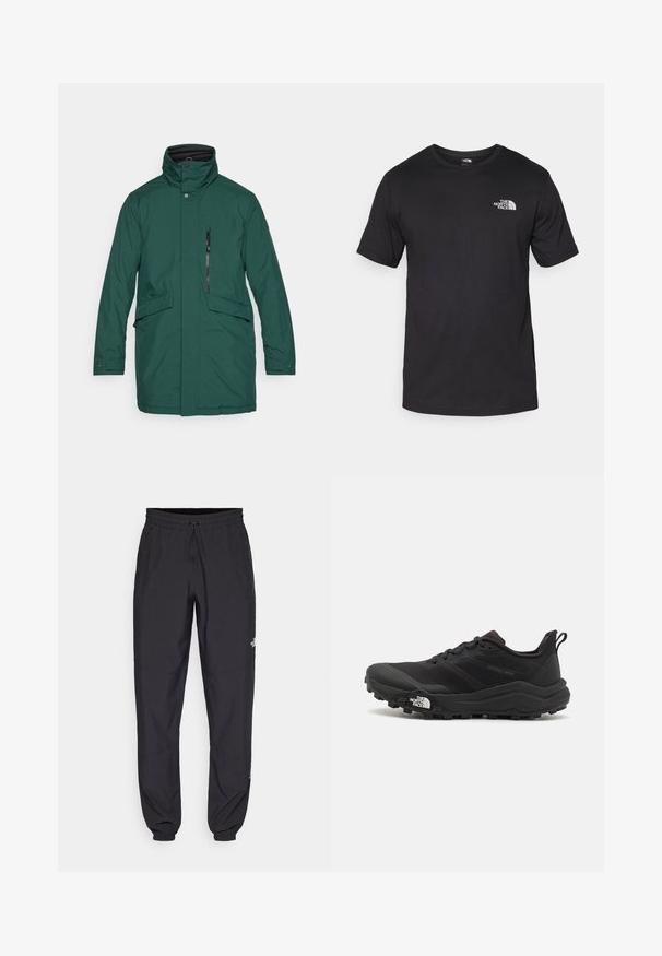 Zelena vodootporna parka s visokim ovratnikom, prednjim zatvaranjem na kopču, zip džepom, dva bočna džepa i ravnim krojem. Glatka tkanina bez uzoraka.; Crna majica kratkih rukava od pamuka, s okruglim izrezom i malim bijelim logotipom na gornjem lijevom dijelu prsnog koša.; Crne sportske hlače od lagane tkanine, s pojasom na vezanje, bočnim džepovima i suženim manžetama na gležnjevima.; Crne trail trkačke cipele s teksturiranim gornjim dijelom, gumeni potplat i ojačana zaštita za prste. Imaju podstavljen ovratnik i trakicu za lakše obuvanje.