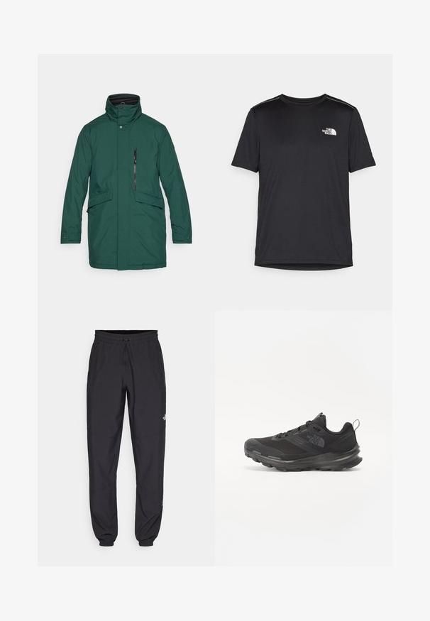 Roheline veekindel parka kõrge kaelusega, ees nupuga sulgemine, lukuga taskud, kaks küljetaskut ja sirge lõikega. Sile kangas, ilma mustriteta.; Must mustaöödiga must T-särk, mis on valmistatud kerge riidekanga. Esiküljel on vasakul rinnal väike valge logo ning õlgadel on peened aktsendid.; Mustavad sportlikud püksid, mis on valmistatud kergest kangast, joonlauaga taljest, küljetaskudega ja kitsenevate varrukatega pahkluude juures.; Must use õhku läbilaskvat võrku ülemise ja kummist välispõhjaga mustad atleetijalatsid, millel on polsterdatud kaelus. Omab nööre, logo küljel ja tekstuurset disaini.