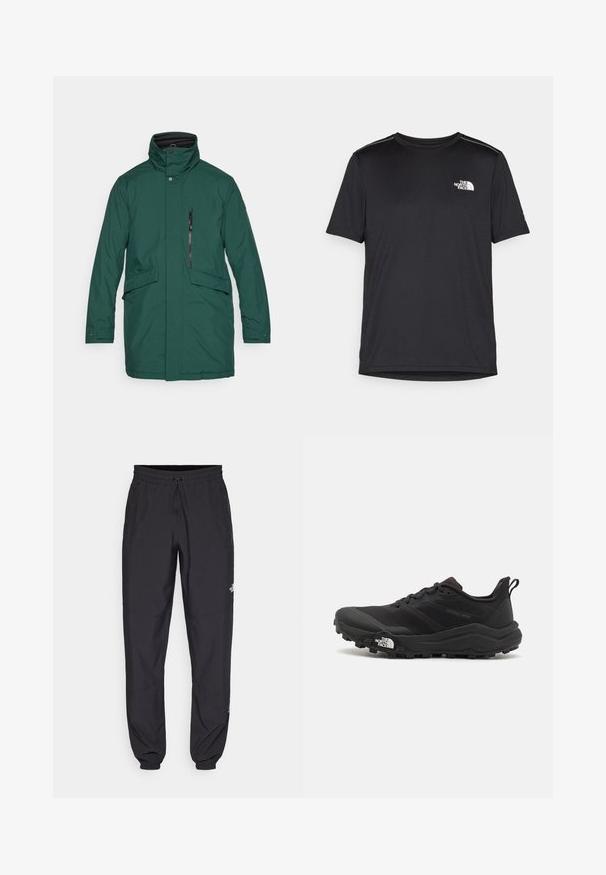 Parka verde à prova de água com gola alta, fecho frontal de pressão, bolso com zíper, dois bolsos laterais e corte reto. Tecido suave sem padrões.; T-shirt preto de manga curta feito de um tecido leve. Apresenta um pequeno logo branco ao lado esquerdo do peito e detalhes subtis nos ombros.; Calças atléticas pretas feitas de tecido leve, com um cós ajustável por cordão, bolsos laterais e punhos afunilados nos tornozelos.; Sapatilha de trail running preta com um upper texturizado, sola de borracha e biqueira reforçada. Possui um colarinho acolchoado e uma alça para facilitar o calçar.