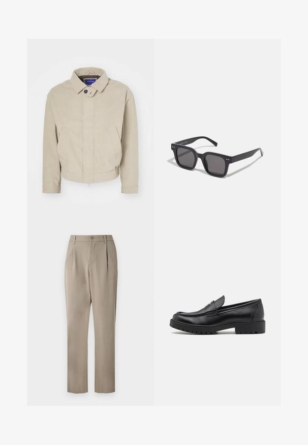 Beige corduroy jakk, millel on kraega kaelus, nööpidega sulgemine ja eesmine taskud; omab tekstuuriga kangast ja lühendatud hem.; Valge lühikeste varrukatega T-särk, mis on valmistatud pehmest kangast. Ümar kaelus, mugav lõige ja lihtne disain ilma kaunistuste või mustriteta.; Khaki püksid sirge säärega disainiga, millel on nuppude sulgemine ja volditud eesosa. Valmistatud siledast kangast, millel on mati viimistluse.; Mustad musta nahast loafers, ümmarguse toe, libisemisega disain ja paks kummist tald, millel on tekstureeritud haardepind. Tõstetud kand ja peened õmblusdetailid.; Mustad mustan värvi päikeseprillid tumedate läätsedega, pakse raami, diskreetsete detailidega külgedel ning ilma nähtavate logota, peale brändinime.