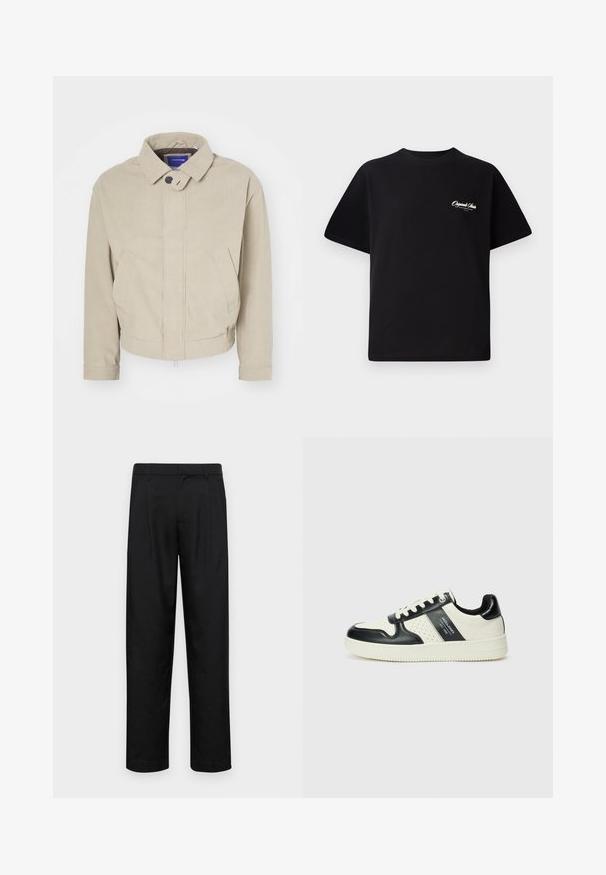 Beige corduroy jakk, millel on kraega kaelus, nööpidega sulgemine ja eesmine taskud; omab tekstuuriga kangast ja lühendatud hem.; Must mustrüst t-särk, millel on ümar kaelus, lühikesed varrukad ja väike valge logo tekst vasakul rinnal. Lihtne disain, klassikaline sobivus.; Mustad mustadest riietest, millel on sirge jalgade disain, kaks eesmist voltimist ja tavaline vöökoht, millel on vöökohad.; Nahatud nahkkingad musta ja kreemi värviskeemiga, millel on perforeeritud aktsendid, pehme krae ja tekstureeritud tallad.
