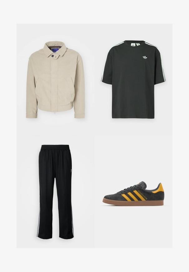 Burgundiškai rudame lankstyto džinsinio audinio švarkelyje yra apykaklė, sagų užsegimas ir priekinės kišenės; pasižymi tekstūruotu audiniu ir trumpu kraštu.; Juoda medvilninė trumpų rankovių marškinėliai su apvalia apykakle ir trimis baltomis juostelėmis ant pečių. Priekyje yra mažas baltas logotipas.; Juodi sportiniai keliai su elastingu juosmeniu, su baltais šonais ir mažu logotipu. Atrodo, kad medžiaga yra minkšta ir lengva.; Juodas zomšinės sportbačiai su geltonais akcentais, turintys tris juosteles ir rudą gumos padą. Apima paminkštintą liežuvėlį patogumui.