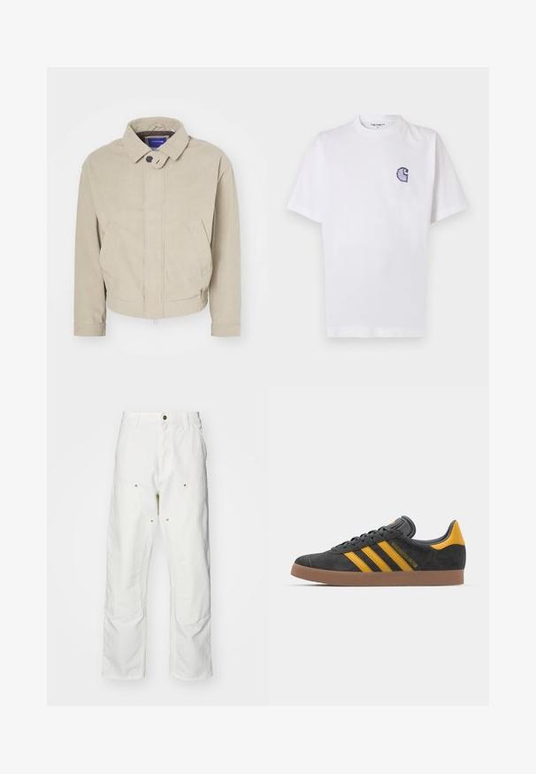 Beige corduroy jacket with a collared neckline, button closure, and front pockets; features a textured fabric and a cropped hem.; White cotton t-shirt with short sleeves, round neckline, and a small, embroidered blue "C" logo on the left chest area.; White cotton cargo pants with a relaxed fit. Features include front pockets, gold hardware accents, and reinforced knee sections.; Black suede sneaker with yellow accents, featuring three stripes and a brown rubber sole. Includes a padded tongue for comfort.