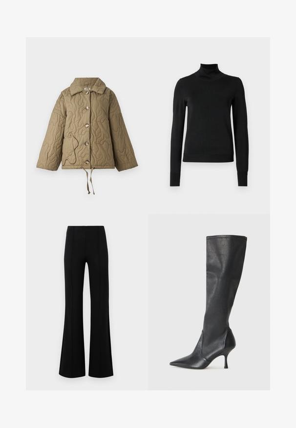 Giacca trapuntata verde oliva con colletto strutturato, grandi bottoni e un cordino regolabile sull'orlo. Presenta un contorno tasca in contrasto.; Pullover nero a maniche lunghe con collo alto, rifinito con polsini e orlo a coste, mostrato su uno sfondo bianco semplice.; Pantaloni neri a zampa d'elefante con vita alta, realizzati in tessuto elastico. Presentano dettagli di cucitura verticale nella parte anteriore e una texture liscia.; Stivali neri in pelle al ginocchio con punta affusolata e tacco a stiletto sottile. Texture liscia con design aderente e cuciture lungo il bordo superiore.