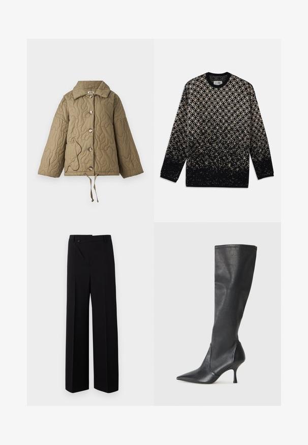 Giacca trapuntata verde oliva con colletto strutturato, grandi bottoni e un cordino regolabile sull'orlo. Presenta un contorno tasca in contrasto.; Maglione lavorato a maglia con un motivo a rombi in beige e nero, con una sfumatura di colore graduale. Collo a giro e maniche lunghe. Texture morbida.; Pantaloni neri a gamba larga con frontale piatto, chiusura a bottone e trama di tessuto liscia. Presentano un taglio dritto e linee nette.; Stivali neri in pelle al ginocchio con punta affusolata e tacco a stiletto sottile. Texture liscia con design aderente e cuciture lungo il bordo superiore.