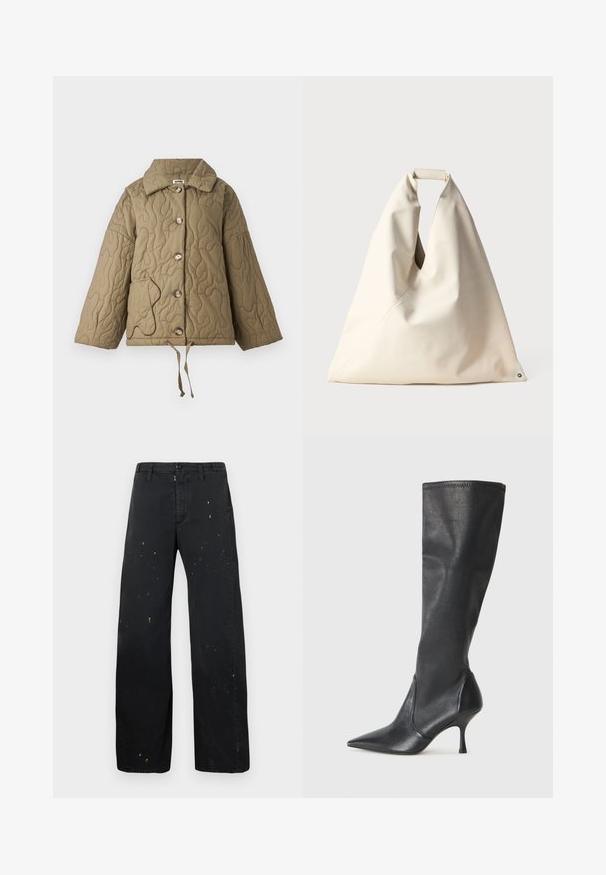 Kudumi rohelises oliivi värvitoonis, millel on struktureeritud krae, suured nööbid ja reguleeritav nöör alläärselt. Omab kontrastset taskuäärist.; Kootud sviiter, millel on beez ja musta värvi teemantmuster ning järkjärguline värvifadeerumine. Ümar kaelus ja pikad varrukad. Pehme tekstuur.; MM6 Maison Margiela PANTS - Avar lõikega teksad - black; Knee-high mustad nahksaapad terava nina ja kitsaste stiilsete kontsadega. Sile tekstuur sobiva disainiga ja õmblused ülemisel serval.; Beige, pehmea tekstuuriga kott, millel on ainulaadne keeratud käepide ja diagonaalsed õmblused. Minimalistlik disain ümmarguse aksessuaari ehk detailiga põhjas.