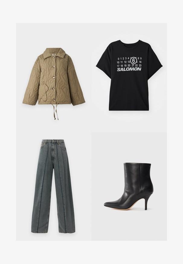 Olīvu zaļa piešūta jaka ar strukturētu apkakli, lieliem pogām un regulējamu auklu apakšmalā. Iezīmējas ar kontrastējošu kabatas kontūru.; Melna T-kreklu ar īsām piedurknēm, kas priekšpusē izceļ baltu grafiku ar cipariem un tekstu "SALOMON". Mīksta tekstūra un brīva piegriezuma.; Plati kāju tumši pelēki džinsi ar augstu jostasvietu, ar saplēstām dūriņu detaļām, kas vertikāli iet gar priekšpusi, un klasisku piecu kabatu dizainu.; Melnas ādas potītes zābaki ar norādītu pirkstu, šauru stiletto papēdi un gludu tekstūru. Minimalistiska dizaina, bez redzamām detaļām vai akcentiem.