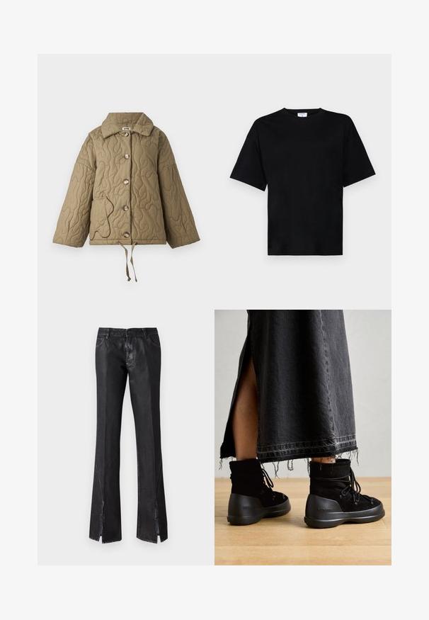 Quilted Jacke in olivgrün mit einem strukturierten Kragen, großen Knöpfen und einem verstellbaren Zugband am Saum. Hat eine kontrastierende Taschenumrandung.; Schwarzes T-Shirt mit kurzen Ärmeln in lässiger Passform, aus weichem Stoff gefertigt, mit rundem Halsausschnitt und ohne auffällige Muster oder Akzente.; Schwarze ausgestellte Hosen mit glänzender Oberfläche, ausgestattet mit zwei vorderen Taschen und Schlitzdetails am Saum, aus strapazierfähigem Material gefertigt.; Schwarze Stiefeletten aus Wildleder mit abgerundeter Zehe, Schnürdesign und einer dicken, strukturierten Gummisohle. Sichtbarer Jeansrock mit rohem Saum.