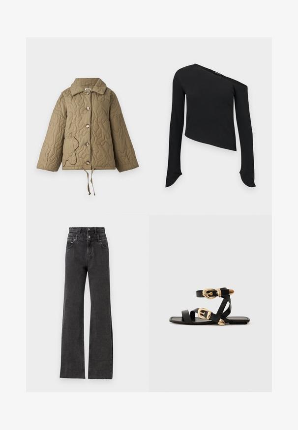 Giacca trapuntata verde oliva con colletto strutturato, grandi bottoni e un cordino regolabile sull'orlo. Presenta un contorno tasca in contrasto.; Top lungo nero a maniche lunghe con scollo asimmetrico, texture a costine, design corti e maniche allungate con polsini arrotondati.; Jeans neri a vita alta con un design a gamba dritta, dettagli leggermente strappati e chiusura con bottone in metallo in vita.; Sandali neri in pelle con dettagli in oro, caratterizzati da più cinghie e una suola piatta per un design open-toe.