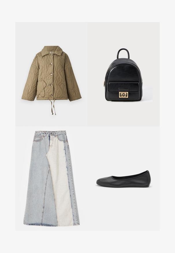 Quiltet jakke i olivengrøn med en struktureret krave, store knapper og en justerbar snor i kanten. Har en kontrastfarvet lommeomrids.; Grå ribbet top med en tætsiddende design, brede armhuller og en rund halsudskæring. Fremstillet af blødt bomuldsstof med en glat tekstur.; Denim nederdel med patchwork design bestående af lyse og mellemblå sektioner, frayed kanter og høj talje. Klassisk fem-lomme stil.; Sort læderballetsko med rund tå, glat tekstur, minimal syning og et fleksibelt såldesign.; Sort læder mini rygsæk med frontlynlås og guld-tonet Love Moschino logo-plade på hvid baggrund.