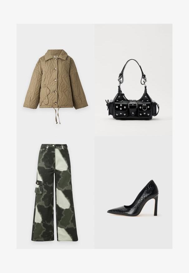 Prošívaná bunda v olivově zelené barvě se strukturovaným límcem, velkými knoflíky a nastavitelným stahováním na spodním lemu. Obsahuje kontrastní lemování kapes.; Šedý proužkovaný top bez rukávů s přiléhavým střihem, širokými průramky a zaobleným výstřihem. Vyrobeno z měkké bavlny s hladkou texturou.; Široké cargo kalhoty ve tmavě zeleném a světlém šedém maskáčovém vzoru. Mají boční kapsu a kovový knoflík, vyrobeny z odolného bavlněného materiálu.; Černý lodičkový bot s špičatou špičkou, pokrytý texturou krokodýlí kůže, s elegantním designem, vysokým stiletto podpatkem a hladkým černým interiérem.; Černá kožená kabelka s křivkovým designem, zdobená stříbrnými hřebíky, s přezkou a dvěma bočními kapsami. Nastavitelný popruh pro různé možnosti nošení.