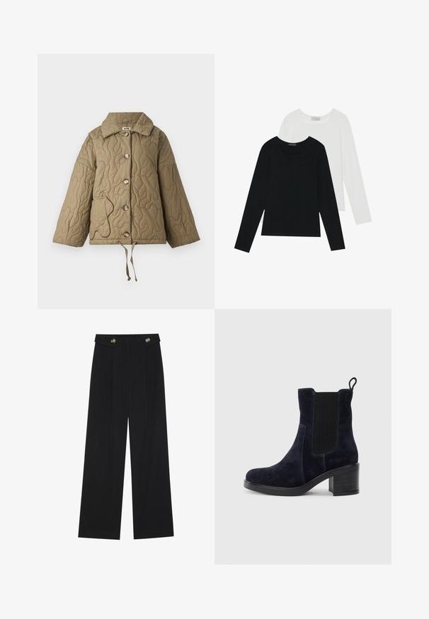 Chaqueta acolchada en verde oliva con un collar estructurado, botones grandes y un cordón ajustable en el dobladillo. Presenta un contorno de bolsillo en contraste.; Dos camisetas de manga larga, una negra y otra blanca, ambas con escote cuadrado y confeccionadas en un tejido suave y elástico.; Pantalones de pierna ancha negros con cintura alta, detalles de botones en la cinturilla y pliegues en la parte delantera.; Botín de ante azul marino con panel lateral elástico, puntera redondeada y tacón de bloque. La tela texturizada y la suela lisa añaden contraste.
