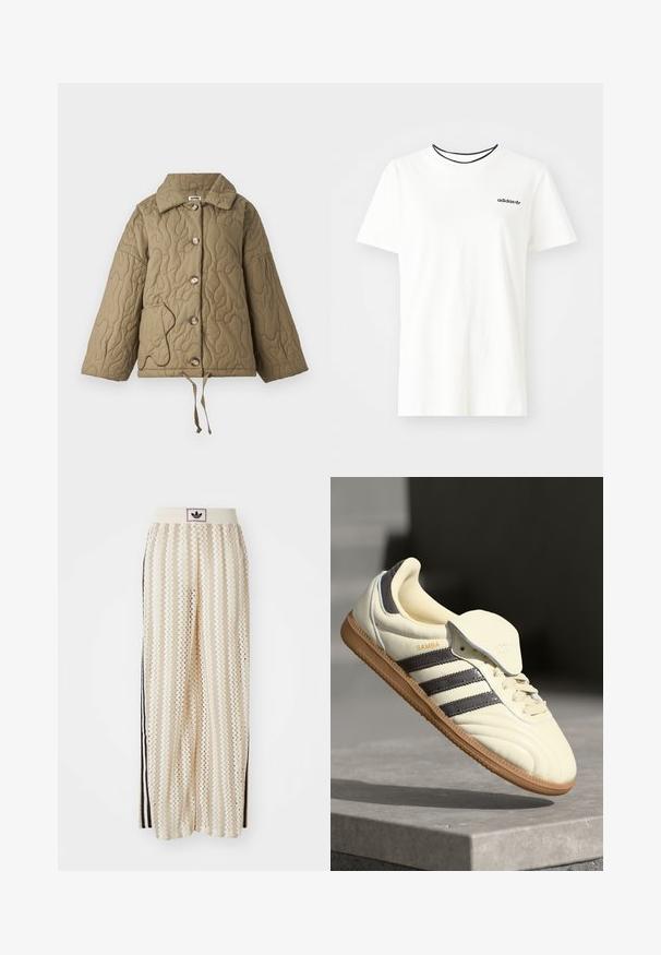 Veste matelassée en olive avec un col structuré, de grands boutons et un cordon de serrage ajustable au bas. Présente un contour de poche contrastant.; T-shirt en coton blanc à manches courtes et à encolure ronde. Présente un logo Adidas noir sur la poitrine et un col intérieur noir contrastant.; Pantalons larges crème avec un motif en zigzag, dotés d'une ceinture logo noire et de bandes noires sur les côtés. Tissu léger et texturé.; Baskets en cuir crème avec trois bandes sombres, une semelle extérieure en gomme marron et un bout arrondi. Présentent une languette pliable étiquetée "SAMBA."