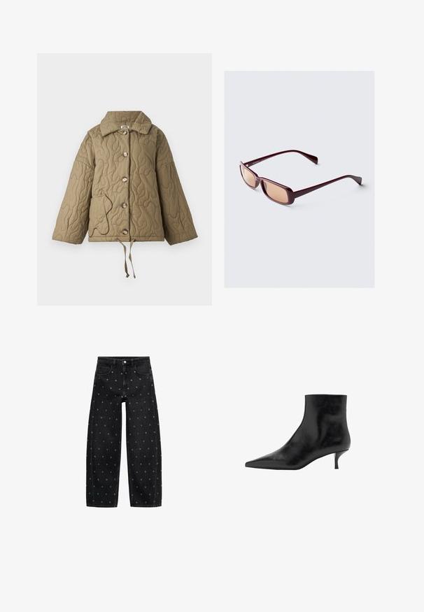 Quilted Jacke in olivgrün mit einem strukturierten Kragen, großen Knöpfen und einem verstellbaren Zugband am Saum. Hat eine kontrastierende Taschenumrandung.; Schwarzes, geripptes Tanktop kombiniert mit lockeren blauen Jeans. Die Jeans verfügen über ein klassisches Fünf-Taschen-Design und einen Knopfverschluss.; Schwarze Jeans mit weitem Bein aus Denim, verziert mit einem Muster aus kleinen silbernen Ösen, klassischem Fünf-Taschen-Design und Knopfverschluss vorne.; Schwarze Lederstiefelette mit spitz zulaufender Zehenpartie, schlankem Kitten-Absatz und glatter Textur. Schlichtes Design, ohne dekorative Akzente.; Burgunderfarbene Sonnenbrille mit rechteckigem Rahmen, verlaufenden Gläsern und eleganten Bügeln. Das Material hat eine glatte, glänzende Oberfläche.
