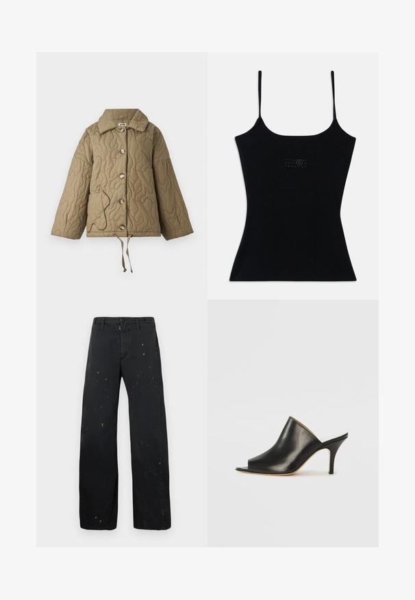 Quiltet jakke i olivengrøn med en struktureret krave, store knapper og en justerbar snor i kanten. Har en kontrastfarvet lommeomrids.; Sort tætsiddende tanktop med tynde stropper, lavet af ribbet stof. Har et subtilt logo-design på forsiden. Glat tekstur og strømlinet silhuet.; MM6 Maison Margiela PANTS - Jeans Relaxed Fit - black; Sort læder åben tå mule med et slankt, buet design, høj stiletto hæl og glat tekstur. Indersiden har en kontrasterende lys farve.