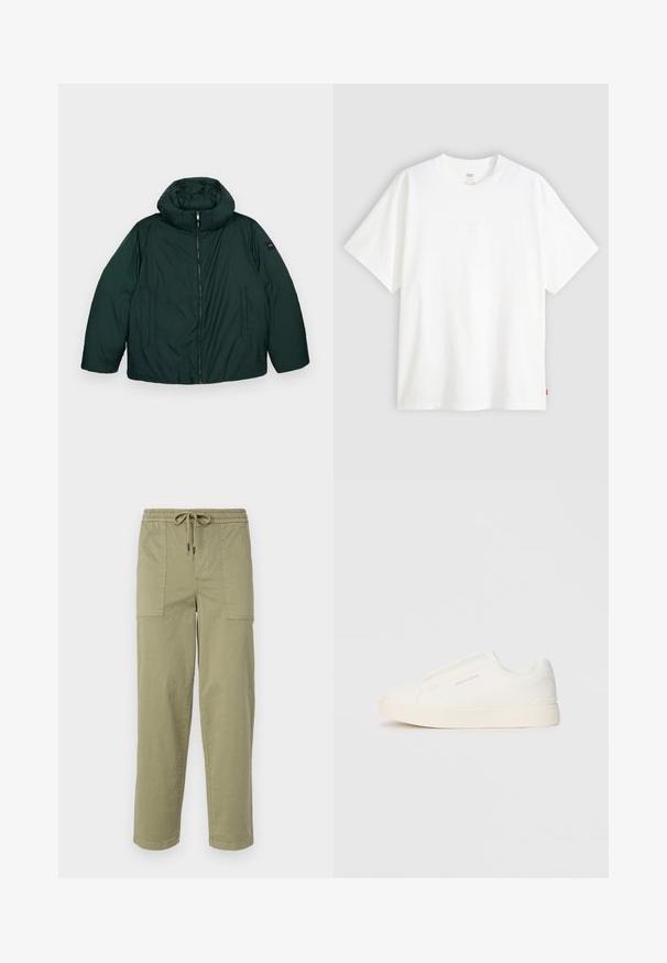 Chaqueta acolchada de color verde oscuro con cuello alto y capucha desmontable, que presenta un cierre central con cremallera y dos bolsillos laterales. Textura suave, con minimalismo en la marca.; Camiseta blanca de manga corta hecha de algodón con cuello redondo. Presenta un sutil detalle de logo en relieve en la parte delantera y una etiqueta roja en el dobladillo.; Pantalones verde oliva claro hechos de una mezcla de algodón, con una cinturilla elástica y cordón, y dos grandes bolsillos laterales.; Zapatillas blancas tipo slip-on con una superficie texturizada, suela gruesa y diseño minimalista. Presenta el logo de la marca en un lado.