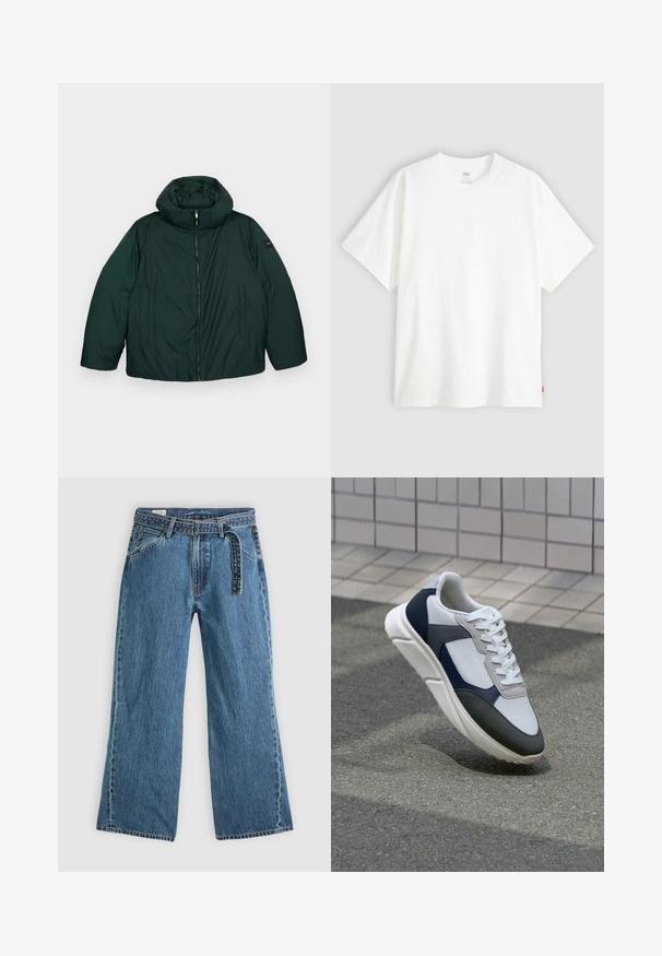 Tumši zaļa pūkaina jakas ar augstu apkakli un noņemamu kapuci, ar centrālo rāvējslēdzēju un divām sānu kabatām. Gluda tekstūra, minimāla zīmola klātbūtne.; Balta īslaicīga T-krekla ar īsām piedurknēm, kas izgatavots no kokvilnas, ar apaļu kakla izgriezumu. Priekšpusē ir smalks reljefs ar logotipu un sarkans birka apakšmalā.; Zilas džinsa platās kājas bikses ar pievienotu jostu, priekšējām kabatām un redzamiem šuvumiem uz vienkārša gaiša fona.; Balti, tumši zili un pelēki sporta apavi ar jauktu materiālu dizainu, kuram ir teksturēts augšdaļa, plakani šņores un mīkstināta zole.