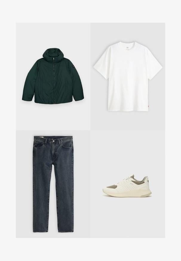 Tamsiai žalia pūkinė striukė su aukštu apykaklės ir nuimamu gobtuvu, su centriniu užtrauktuku ir dviem šoninėmis kišenėmis. Lygus paviršius, minimalus ženklinimas.; Baltas trumpas rankovės marškinėlis, pagamintas iš medvilnės, su apvalia iškirpte. Priekyje yra subtilus iškilus logotipas ir raudonas etiketas ant apačios.; Tamsiai mėlynos džinsinės kelnės su tiesioginiu kirpimu, penkiais kišenėmis ir mygtukų uždarymu. Audinys rodo subtilų išblukimą ir tekstūrą.; Baltas ir šviesiai bežinis sportinis kedas, su tinklo viršumi, perforuotais detalėmis ir tekstūruotu tarpine su logotipu ant kulno.