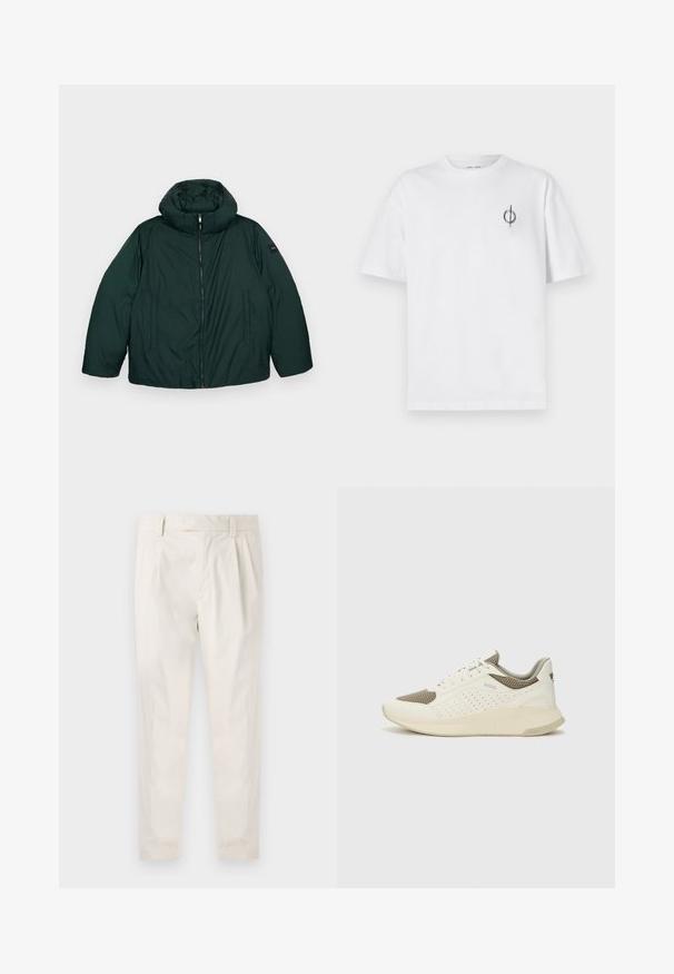 Giacca puffer verde scuro con colletto alto e cappuccio removibile, dotata di una zip centrale e due tasche laterali. Tessuto morbido, branding minimo.; T-shirt in cotone bianco con vestibilità rilassata, presenta un piccolo logo grafico nero nella zona sinistra del petto. Maniche corte, collo a giro.; Pantaloni bianchi plissettati con taglio su misura, caratterizzati da una texture liscia, passanti per la cintura e gambe affusolate. Nessuna tasca o motivo visibile.; Sneaker atletica bianca e beige chiaro, con tomaia in mesh, dettagli perforati e una suola intermedia texturizzata con marchio sul tallone.