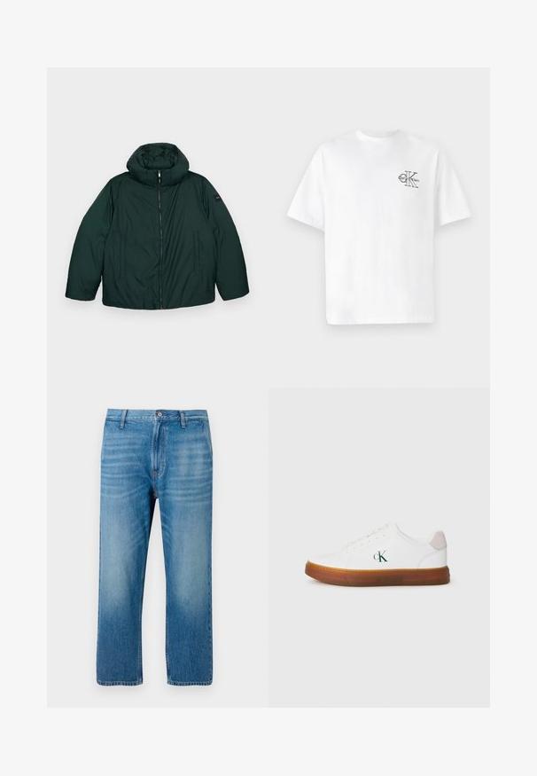 Mørkegrønn dunjakke med høy krage og avtakbar hette, med en sentral glidelås og to sidelommer. Glatt tekstur, minimal merkevare.; Hvit bomull t-skjorte med kort erme, rund hals, med en svart CK-logo på venstre brystområde, standard passform, glatt tekstur.; Lyseblå denimjeans med rett passform, fem lommer, knappelukking og subtil falming foran. Ingen synlige mønstre.; Hvite lave sneakers med brun gjennomsiktig såle og grønn "cK" logo på siden, med snøring og semsket hælreim.