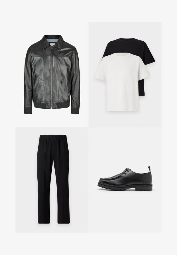 Zwarte leren jas met een ritssluiting aan de voorkant, een puntige kraag en geribde manchetten. Beschikt over twee zijzakken en een gladde textuur.; Katoenen T-shirt set met een zwarte top en een witte top, beide met korte mouwen, ronde hals en een standaard pasvorm. Textuurstof.; Zwarte, elastische broek met rechte pijpen, met een gladde textuur en zonder zichtbare patronen of hardware.; Zwarte leren veterschoen met een robuuste zool en een aantreklip aan de achterkant, van opzij getoond op een witte achtergrond.