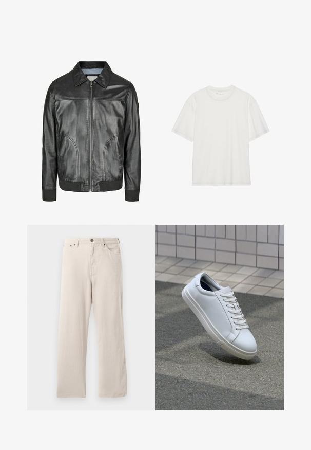 Svart läderjacka med dragkedja framtill, spetsig krage och ribbade ärmslut. Har två sidofickor och en slät yta.; Vit bomull t-shirt med korta ärmar, rund hals och kontrasterande sömdetalj runt halsringningen och ärmarna.; Beige kordflöjtbyxor med rak passform, med ribbad textur, femfickarsdesign och knappstängning.; Vita lädersneaker med en slät textur, snörningsdesign och rundad tå. Har en texturerad gummisula och minimalistiska detaljer.