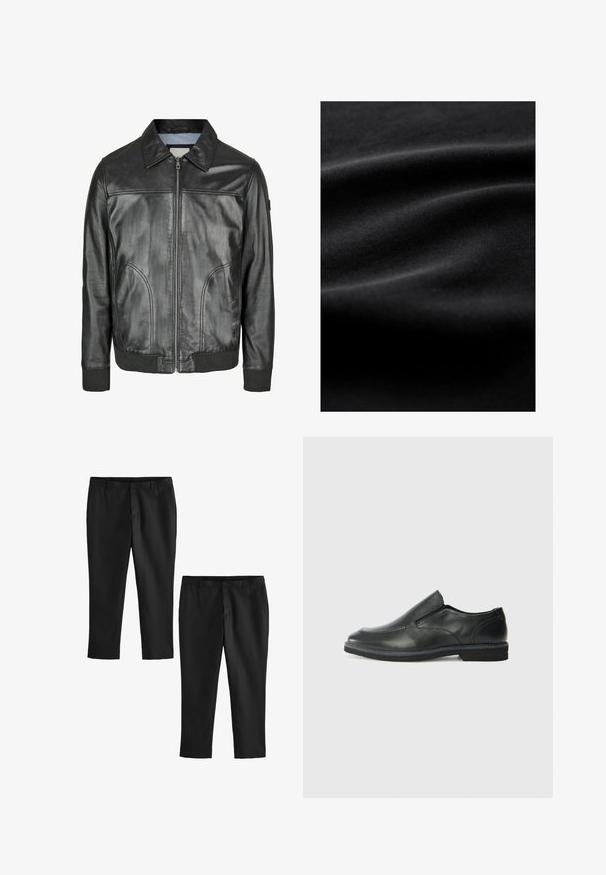 Zwarte leren jas met een ritssluiting aan de voorkant, een puntige kraag en geribde manchetten. Beschikt over twee zijzakken en een gladde textuur.; Zwarte stof met een gladde, licht glanzende textuur, met subtiele plooien en kreukels die de zachte, flexibele kwaliteit benadrukken.; Zwarte, op maat gemaakte broeken met een soepele textuur, voorzien van een recht gesneden pijp en een middelhoog taille. Twee paar getoond, waarvan één cropped.; Zwarte leren instapper met een soepele bovenkant, gestikte accenten, ronde neus en een lage rubberen hak. De zool heeft minimale profiel.