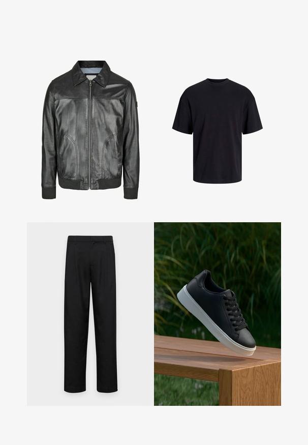 Juodas odinis švarkas su užtrauktuku priekyje, smailiu apykakle ir raukšlėtais rankogaliais. Yra dvi šoniniai kišeniai ir lygi tekstūra.; Juodas medvilninis marškinėlis su apvaliu iškirpimu, trumpomis rankovėmis ir laisvu siluetu. Glotni tekstūra, be matomų raštų ar akcentų.; Juodi kelnių modeliai, pagaminti iš lygios medžiagos, turi tiesią kojas, du priekiniai klostės ir standartinę juosmenį su diržo kilpomis.; Juodas odinis sportbačių modelis su lygiu paviršiumi, baltu guminio pado ir šešiomis skylutėmis raišteliams, eksponuojamas ant medinės paviršiaus.