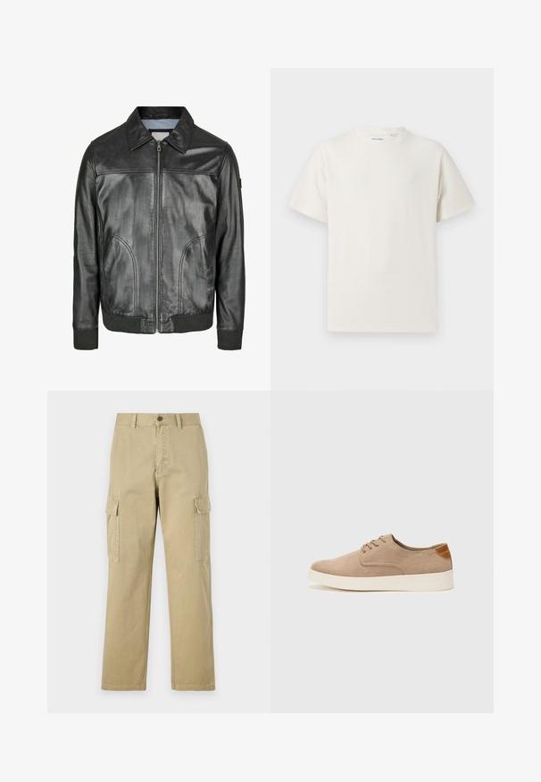 Musta nahkatakki, jossa on vetoketjukiinnitys, viistot kaulukset ja ribattu hihansuu. Varustettu kahdella sivutaskulla ja sileällä pinnalla.; Valkoinen lyhythihainen T-paita ribbikuviossa. Pyöreä kaula-aukko, rento istuvuus, ei näkyviä kuvioita tai yksityiskohtia. Yksinkertainen ja monikäyttöinen muotoilu.; Beige cargo-housut, jotka on valmistettu puuvillasta, ja niissä on kaksi sivutaskua, napp Closure ja suorat lahkeet, joissa on hieman teksturoitu kangas.; Beige nubuck-lenkkarit, joissa on pyöreä kärki, nauhakiinnitys ja teksturoitu takaosa. Valkoinen kumipohja tuo kontrastia. Yksinkertainen ja moderni muotoilu.