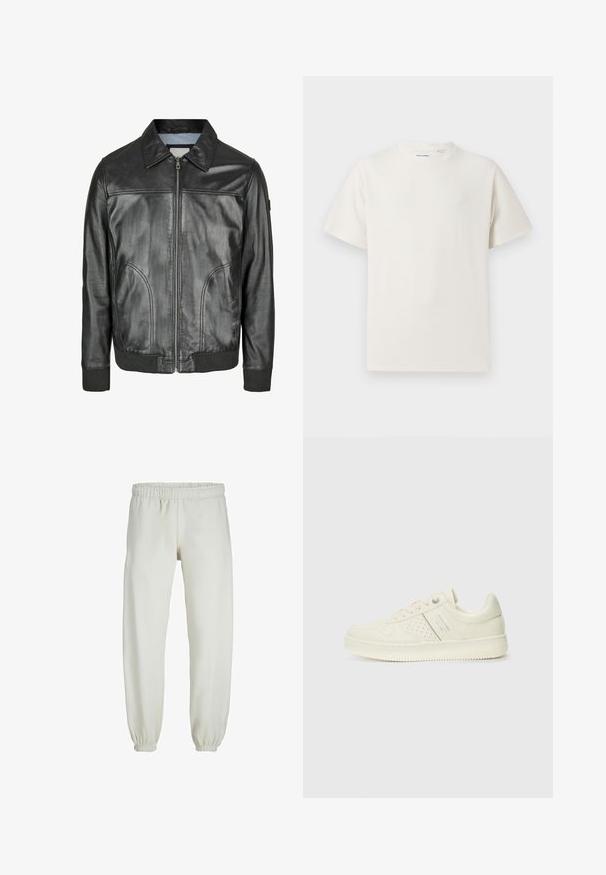 Zwarte leren jas met een ritssluiting aan de voorkant, een puntige kraag en geribde manchetten. Beschikt over twee zijzakken en een gladde textuur.; Witte korte mouwen T-shirt met ribbelstructuur. Ronde hals, ontspannen pasvorm, geen zichtbare patronen of accenten. Eenvoudig en veelzijdig ontwerp.; Witte sweatpants gemaakt van zachte stof, met een elastische tailleband en boorden, een gladde textuur en een losvallend ontwerp.; Crème-kleurige sneaker met geperforeerde details, veters en een logo aan de zijkant, weergegeven tegen een eenvoudige witte achtergrond.