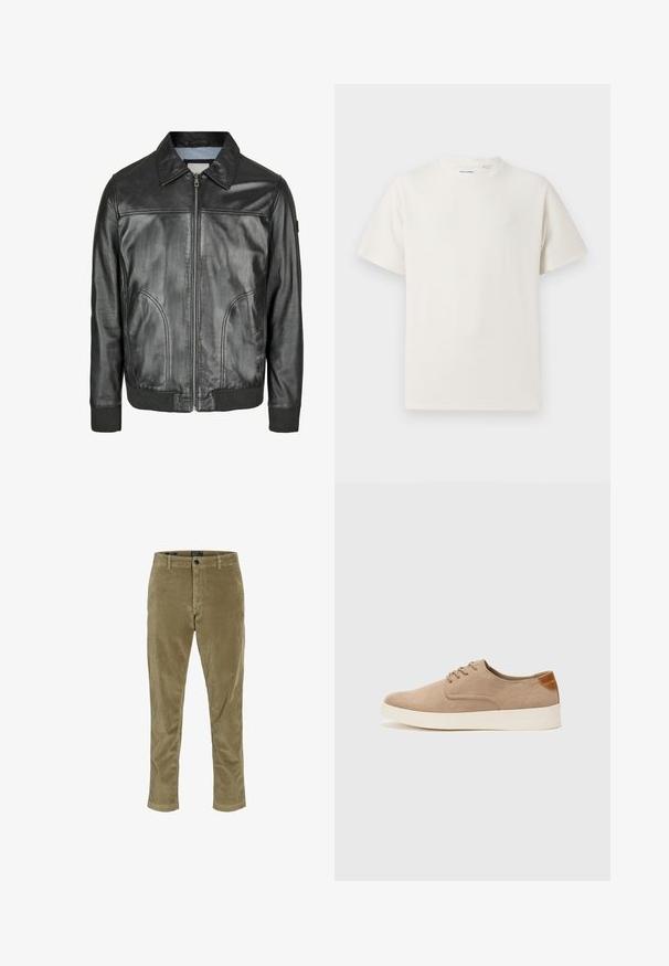 Černá kožená bunda s předním zipem, špičatým límečkem a žebrovanými manžetami. Obsahuje dvě boční kapsy a hladkou texturu.; Bílý krátký rukáv tričko s pružnou strukturou. Kulatý výstřih, volný střih, bez viditelných vzorů nebo detailů. Jednoduchý a univerzální design.; Jack & Jones JWHACE JJHARVEY - Kalhoty - elmwood; Béžové semišové tenisky s kulatou špičkou, šněrováním vpředu a texturovaným zadním akcentem. Bílá gumová podrážka poskytuje kontrast. Jednoduchý a moderní design.