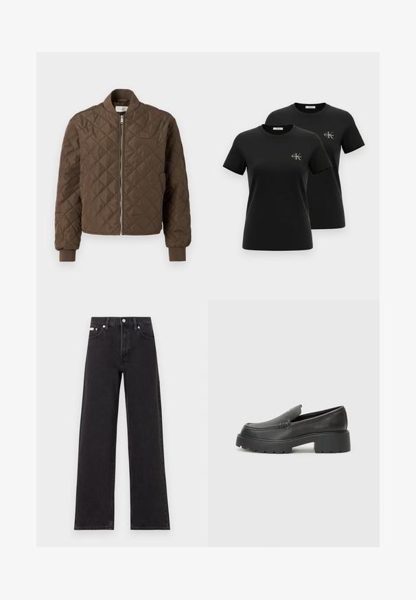 Brązowa pikowana kurtka bombka z zapięciem na zamek, ściągaczami przy mankietach i kołnierzu. Posiada małą naszywkę z logo na piersi. Gładki, teksturowany materiał.; Dwie czarne koszulki z krótkim rękawem i okrągłym dekoltem, z małymi szarymi logo "CK Calvin Klein" na lewej piersi, przedstawione na białym tle.; Czarne dżinsy o szerokich nogawkach, wykonane z denimu, z wysokim stanem, pięcioma kieszeniami oraz metalowym zapięciem z kontrastowym szwem.; Czarne skórzane mokasyny z zaokrąglonym noskiem, grubą fakturowaną podeszwą oraz minimalnymi detalami szycia. Elegancki design bez widocznych sznurowadeł czy elementów metalowych.