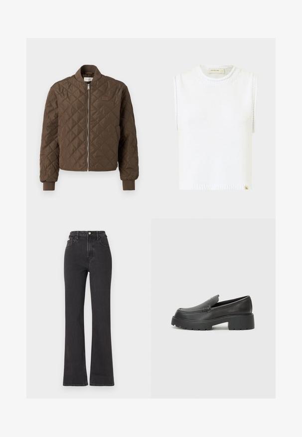Chaqueta bomber acolchada marrón con cremallera frontal, puños y cuello de canalé. Presenta un pequeño parche con el logotipo en el pecho. Material suave y texturizado.; Top de punto sin mangas en blanco con escote redondo, dobladillo acanalado y detalles de costura lateral; cuenta con una pequeña etiqueta de marca en la parte inferior.; Jeans de cintura alta negros en tejido de mezclilla, con cierre de botón, presillas para cinturón y bolsillos laterales. Textura suave con un desvanecimiento mínimo.; Mocasines de piel negra con punta redondeada, suela texturizada gruesa y mínimos detalles de costura. Diseño elegante sin cordones o herrajes visibles.