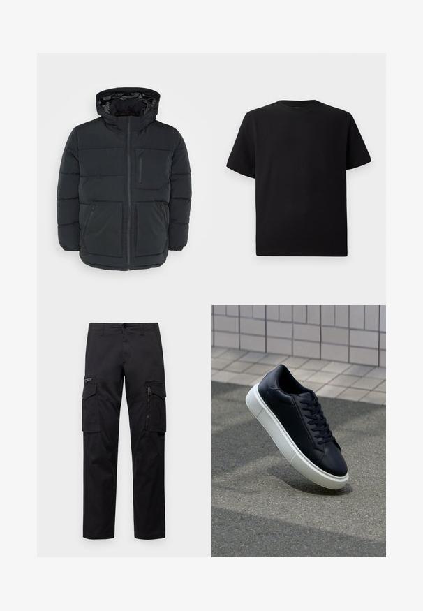 Czarna, ocieplana kurtka zimowa z kapturem, z pełnym zamkiem błyskawicznym, dwoma przednimi kieszeniami i małą kieszonką na piersi, gładka w dotyku.; Czarna koszulka z krótkim rękawem, wykonana z teksturowanej tkaniny, z okrągłym dekoltem i luźnym krojem. Prosta, bez wzorów i akcentów.; Czarne spodnie cargo z wieloma kieszeniami, zamykaną kieszenią na udzie, prostym krojem oraz wytrzymałym bawełnianym materiałem z delikatnym połyskiem.; Czarne skórzane sneakersy z okrągłym noskiem i białą gumową podeszwą. Posiadają płaskie sznurowadła i minimalne przeszycia na cholewce. Teksturowana podeszwa zapewnia przyczepność.