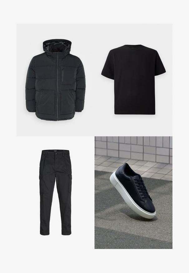 Juodas paminkštintas žieminis švarkas su gobtuvu, turintis pilną priekį su užtrauktuku, dviem priekinėms kišenėms ir mažai krūtinės kišenei, lygi tekstūra.; Juodas trumpomis rankovėmis marškinėliai, pagaminti iš tekstūruotos medžiagos, su apvaliu iškirpimu ir laisvu siluetu. Paprasti, be raštų ar akcentų.; Juodi krovinių tipo džinsai, pagaminti iš tvirto audinio, su keliais kišeniais, mygtuko uždarymu ir siauru, prigludusiu dizainu su siaurėjančiomis kojomis.; Juodas odinis sportbačius su apvaliu pirštu ir baltu gumuotu padu. Turi plokščias raišteles ir minimalų siuvimą viršuje. Padangos tekstūra užtikrina sukibimą.