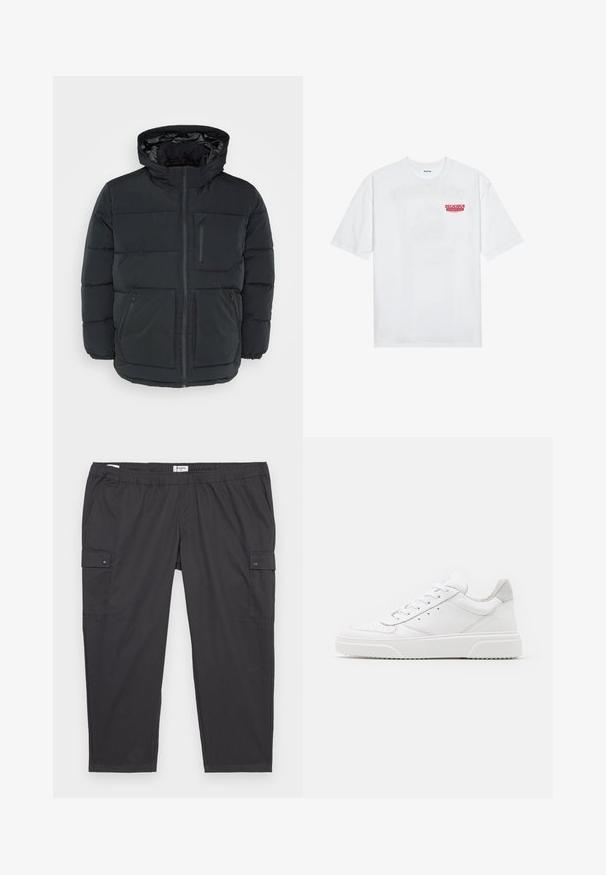 Crna пуховка za zimu s kapuljačom, koja ima puni prednji zatvarač, dva prednja džepa i mali džep na grudima, glatke teksture.; Bijela pamučna majica kratkih rukava s okruglim izrezom, s crvenim grafičkim natpisom "UKUSNO OSVJEŽAVAJUĆE VOĆE" sprijeda.; Crne cargo hlače s elastičnom waistbandom, bočnim džepovima i snap dugmadi. Izrađene od lagane, glatke tkanine.; Bijele kožne tenisice s glatkom površinom, okruglim vrhom, ravnim vezicama i strukturiranom potplatom. Sivi antilop naglasak na peti.