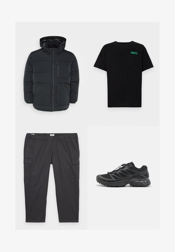 Črna podložena zimska jakna s kapuco, z zadrgo po celotni sprednji strani, dvema sprednjima žepoma in majhnim žepom na prsih, gladka tekstura.; Črna majica iz bombaža z kratkimi rokavi. Na sprednji strani ima zeleno logotip "ROOTS", okroglo ovratnico in standardno prileganje.; Črne cargo hlače z elastičnim pasom, stranskimi žepi in zaponkami. Narejene iz lahkega, gladkega materiala.; Črne tekaške čevlje z mrežasto in sintetično zgornjimi deli, prilagodljivim podplatom ter elastičnimi vezalkami. Imajo oblazinjen srednji podplat za udobje.