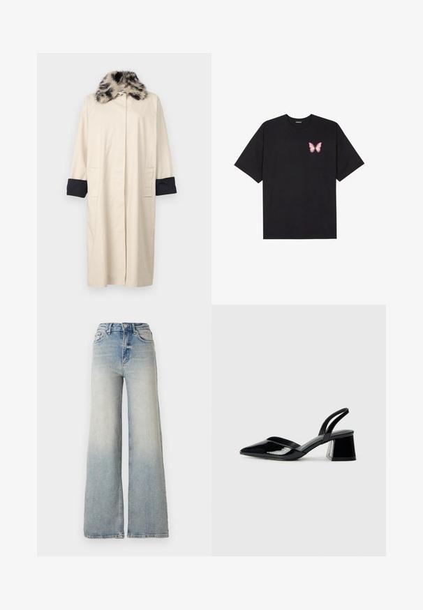 Sister Jane HAZEL - Trenchcoat - beige; Black cotton t-shirt with short sleeves, featuring a small pink butterfly graphic on the left chest. Crew neck design with a relaxed fit.; Light blue wide-leg jeans made of denim, featuring a high waist, five pockets, and visible stitching along the seams.; Black patent leather slingback heels with a pointed toe and a geometric block heel. Features a sleek, minimal design and smooth texture.