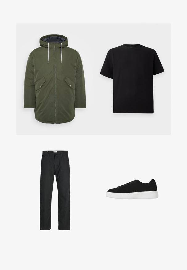 Olivgrüne gepolsterte Jacke mit Kapuze, Reißverschluss, zwei Fronttaschen und weißen Kordeln, mit einer glatten Außentextur.; Schwarzes Kurzarm-T-Shirt aus strukturiertem Stoff, mit einem Rundhalsausschnitt und einer lockeren Passform. Einfach, ohne Muster oder Akzente.; Schwarze Hosen aus strapazierfähigem Stoff, mit geradem Bein, genähten Akzenten und zwei vorderen Taschen für Funktionalität.; Schwarze Wildledersneaker mit runder Zehenpartie, schnürbarem Vorderteil und weißer Gummisohle. Einfaches Design mit minimalen Akzenten und glatter Textur.