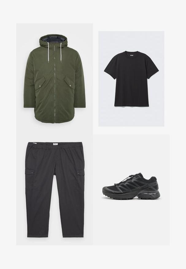 Olive green padded jacket with a hood, zip closure, two front pockets, and white drawstrings, featuring a smooth exterior texture.; Black short-sleeve t-shirt made of cotton. Features a crew neckline and a relaxed fit. Simple design with no patterns or accents visible.; Black cargo pants with an elastic waistband, side pockets, and snap button accents. Made of lightweight, smooth fabric.; Black running shoe with mesh and synthetic upper, flexible outsole, and elastic laces. Features a cushioned midsole for comfort.