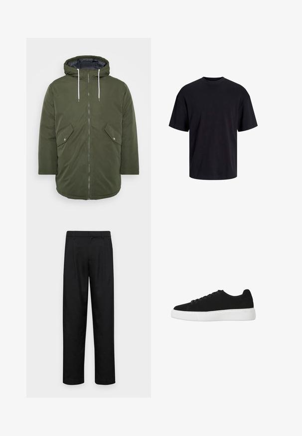 Giacca imbottita verde oliva con cappuccio, chiusura con zip, due tasche frontali e lacci bianchi, con una texture esterna liscia.; T-shirt in cotone nero con collo rotondo, maniche corte e vestibilità morbida. Texture liscia senza pattern o dettagli visibili.; Pantaloni neri realizzati in tessuto liscio, caratterizzati da un taglio dritto, due pieghe frontali e una vita standard con passanti per la cintura.; Sneaker nera in suede con punta arrotondata, chiusura con lacci e suola in gomma bianca. Design semplice con accenti minimi e texture liscia.