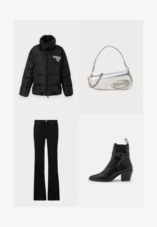 Jachetă puffer neagră cu guler înalt, închidere cu fermoar, două buzunare laterale și logo-ul alb "DSQUARED2 MILANO 1995" pe piept. Textură netedă și strălucitoare.; Tricou cu mânecă lungă într-un amestec de modele abstracte în nuanțe de albastru, marron și crem. Material moale, cu un design ajustat și guler înalt.; Blugi negri evazați din denim, care prezintă două buzunare frontale, o închidere cu buton și o textură netedă. Coaserea semnăturii vizibilă la cusături.; Botine negre din piele cu vârf ascuțit, toc pătrat și detaliu cu cataramă pe lateral. Prezintă o textură netedă și o curea la spate.; Geantă de mână metalică argintie cu o formă triunghiulară rotundă, având un logo, curea din lanț și o textură netedă. Închidere cu fermoar pe lateral.