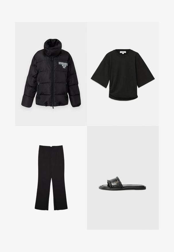 Zwarte pufferjack met hoge kraag, ritssluiting, twee zijzakken en wit "DSQUARED2 MILANO 1995" logo op de borst. Glad, glanzend materiaal.; Zwarte korte mouwen t-shirt van zachte katoen, met een ronde halslijn en een ontspannen pasvorm, voorzien van een subtiele geplooide detail aan de zijkant.; Zwarte broek met een rechte pasvorm, voorzien van zijzakken en plooien aan de onderzijde. Gemaakt van zachte, gladde stof. Geschikt voor verschillende gelegenheden.; Zwarte leren sandaal met een geweven riemdetail, platte zool en een strak ontwerp. Gladde textuur en minimalistisch profiel.